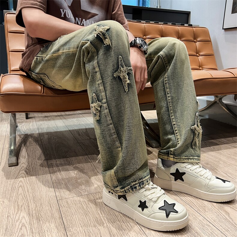 新款牛仔裤男女宽松直筒阔腿裤潮牌美式高街vibe长裤子N2218-p45,男装牛仔裤,星座1008