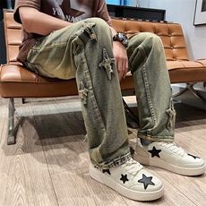 新款牛仔裤男女宽松直筒阔腿裤潮牌美式高街vibe长裤子N2218-p45，男装牛仔裤，星座1008