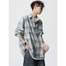 wassuphappy刺绣长袖衬衫男春秋季潮牌复古格子休闲外套宽松上衣，男装衬衫，星座1116A（原606A-3）