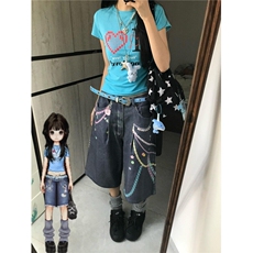 【有货】N1241CC-特P53美式3D链条彩色印花七分牛仔短裤男女，男装牛仔裤，星座1007（原301D）