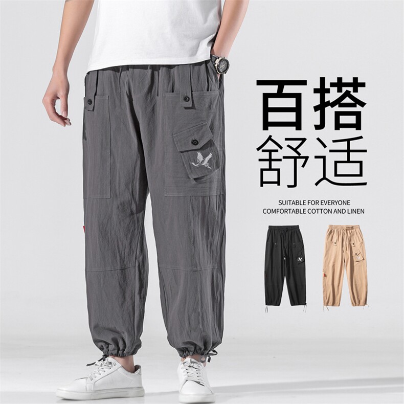 K289 P35无影墙2024潮流春夏季薄款宽松仙鹤刺绣风棉麻九分裤图片