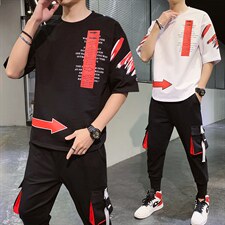 新款夏季时尚帅气潮流体恤男装宽松短袖T恤休闲套装单衣F168P75，男装休闲套装，电商A086