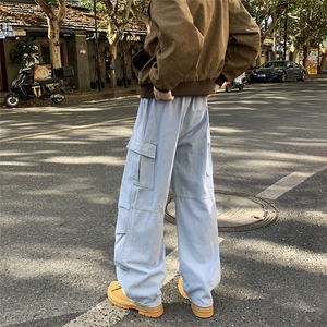 美式复古工装牛仔裤男女宽松松紧腰抽绳直筒大口袋潮裤子N92-P46图片