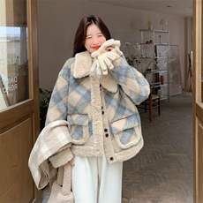 新款加厚-毛呢拼色复古翻领格子外套190-5069-P180-K248，女装毛呢外套，2B190