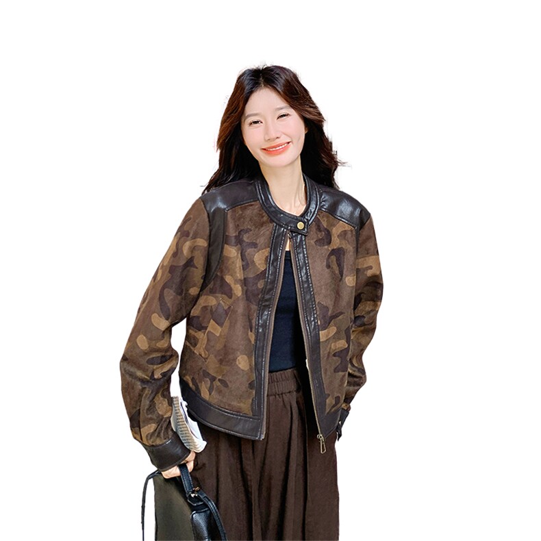 美拉德咖色麂皮绒短外套女春秋2025新款超火好看高级小众夹克上衣,女装短外套,2C126