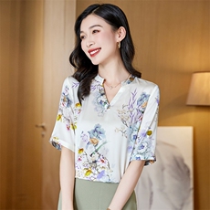 v领真丝衬衫女短袖夏季2025新款宽松大码印花桑蚕丝上衣中年妈妈，女装衬衫，阿舍尔精品