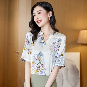 v领真丝衬衫女短袖夏季2025新款宽松大码印花桑蚕丝上衣中年妈妈