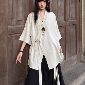 夏季山本耀司风汉服上衣女新中式绑带短袖衬衫外套中性阔腿裤裙图片
