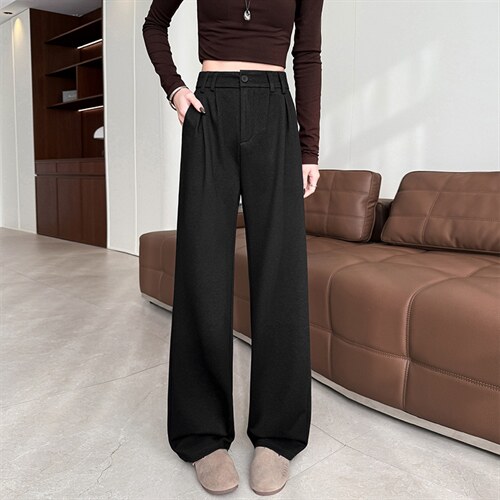 藏青色阔腿裤女春夏款高腰垂感窄版直筒休闲直筒西装牛仔裤，女装休闲裤，云美莎专业女裤-全店现货