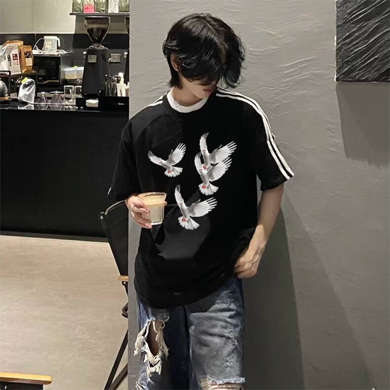 抖音得物高品质二开240克宽松纯棉美式潮牌三条杠织带短袖T恤,男装T恤,电商A486-1
