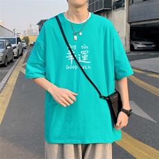 T3676P25已爆圆领卡通印花T恤男港风T恤落肩款宽松T恤克莱因蓝T，男装T恤，星座510A-1