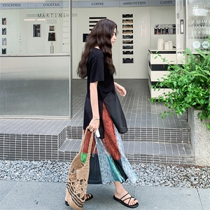 黑色网纱拼接T恤套装女2025夏季新款独特轻熟风撞色半身裙两件套图片