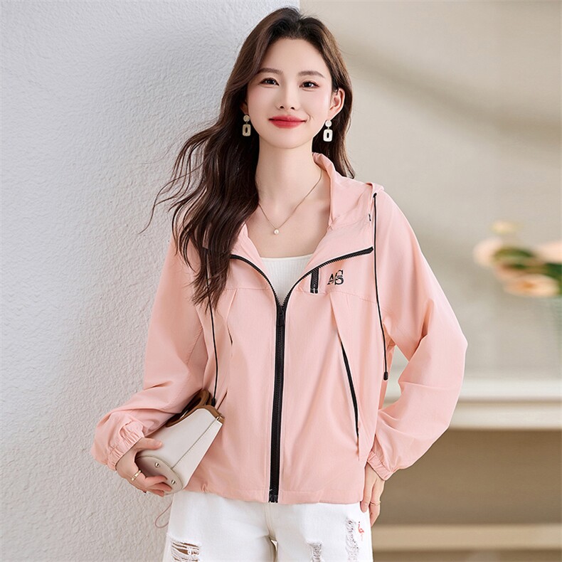 粉色短款连帽防晒衣女2025夏季新款宽松休闲百搭防晒服透气薄外套，女装防晒衣，慕咨
