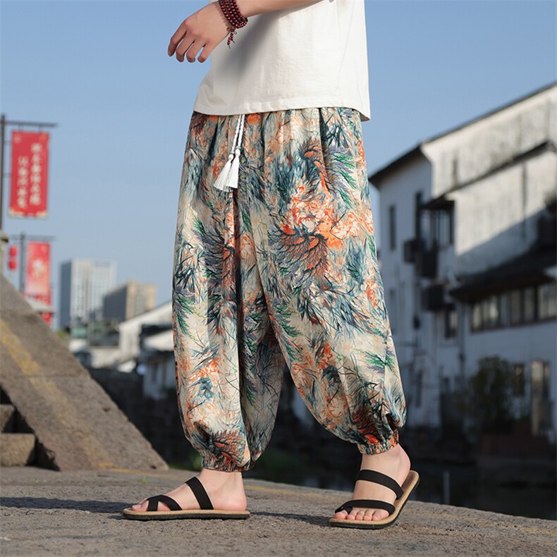 新中式冰丝数码印花宽松休闲九分裤8015-p65，男装休闲裤，星座816A（原B366）