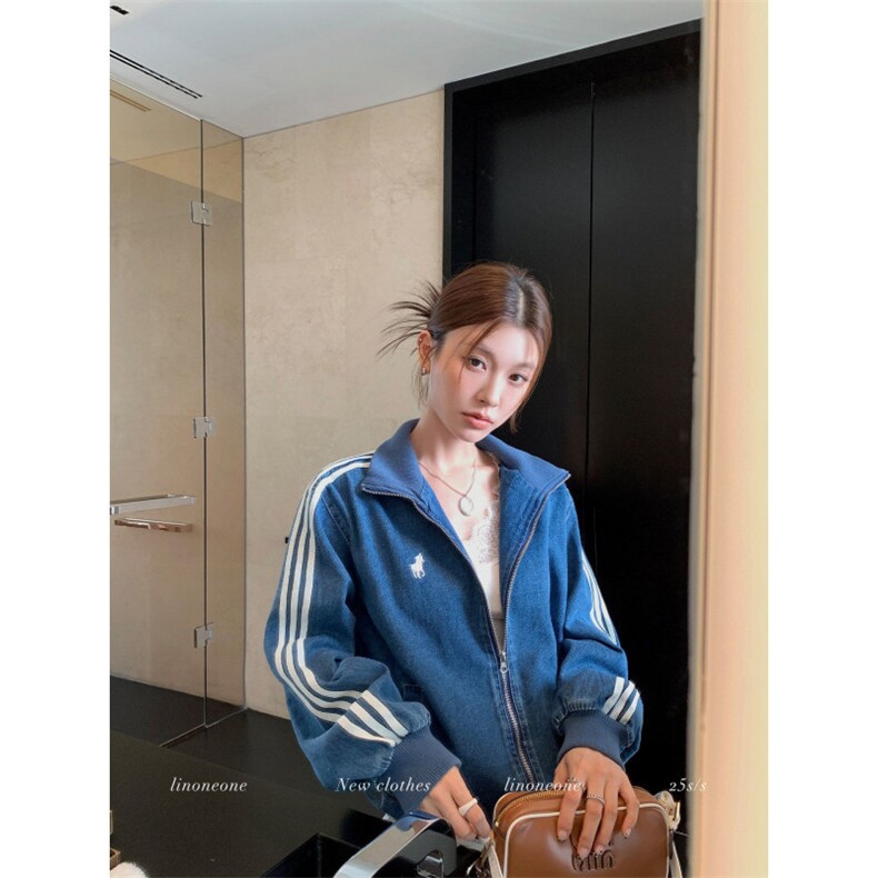 老钱刺绣牛仔休闲三道杠宽松外套,女装短外套,四季星座505