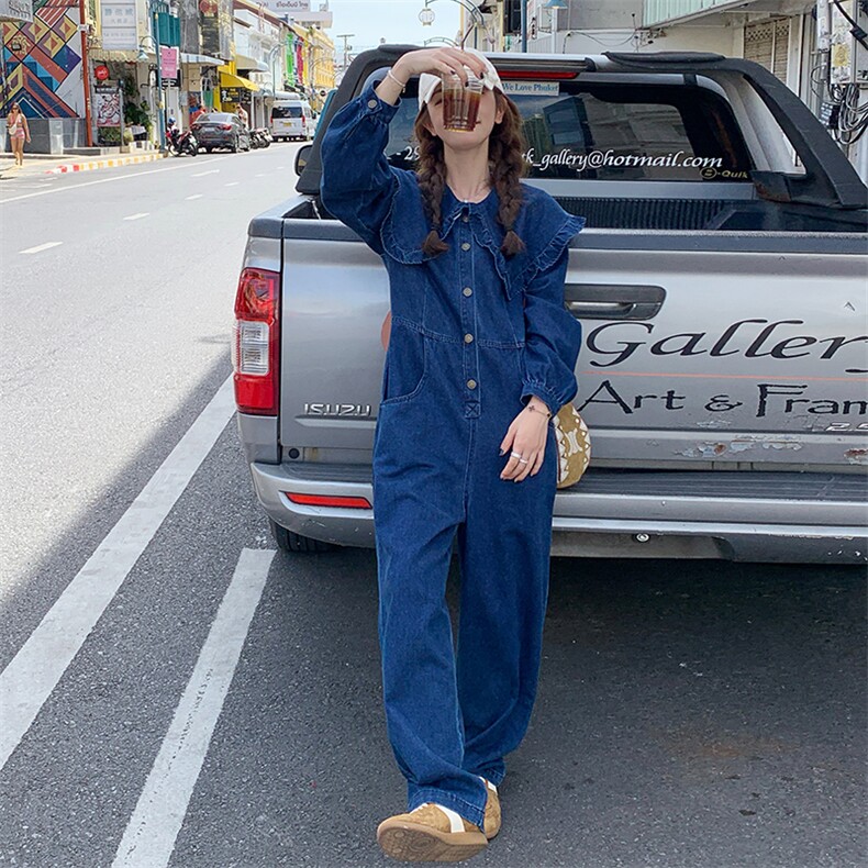 现货可盐可甜系娃娃领牛仔连体裤，女装连体裤，菡迪欧娜