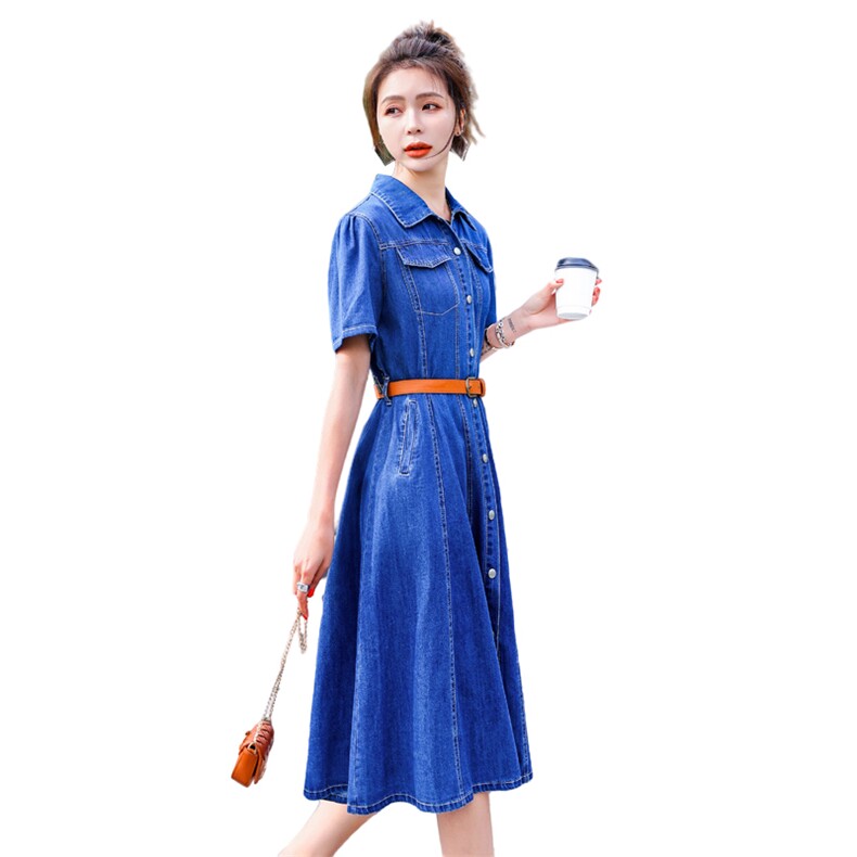 牛仔连衣裙女2025年夏季新款韩版中长款显瘦气质a字裙过膝衬衫裙,女装连衣裙,慧尚依恋