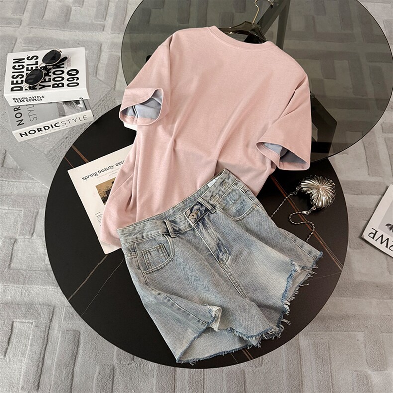 女夏季潮流时尚套装宽松显瘦圆领印花刺绣T恤阔腿牛仔短裤两件套,女装套装/套裙,2C310