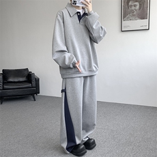 5XL-M潮流高级感披肩撞色拼接翻领百搭卫衣宽松弯刀长裤TZ113P118，男装休闲套装，电商D206-1