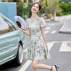 现货2025年夏季新中式花短款连衣裙，女装连衣裙，天丽