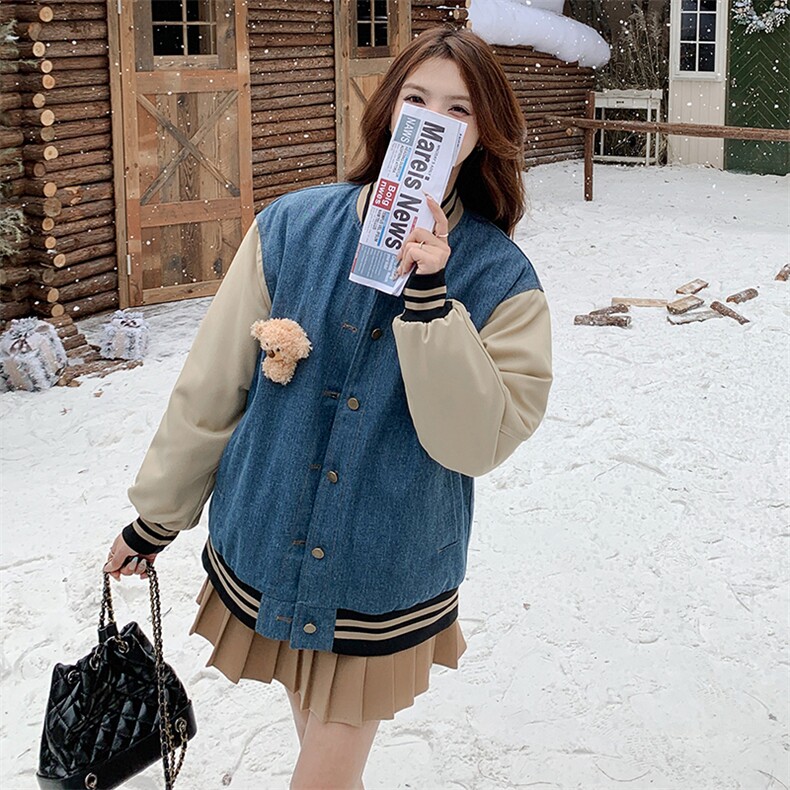 雪景牛仔加棉棒球服外套（玩偶可拆卸）显瘦百搭时尚,女装棉衣/棉服,天使之佳话