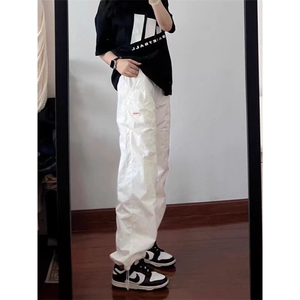 美式复古白色工装伞兵阔腿裤女夏季直筒休闲拖地长裤子CK244-P45图片