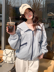 蓝色连帽冲锋衣外套女2025春秋季新款设计感休闲显瘦工装夹克上衣图片