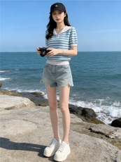 时尚简约套装女夏季新款洋气减龄蓝色翻领条纹上衣牛仔短裤两件套，女装套装/套裙，江南