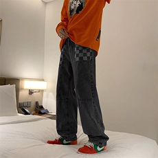 格子拼接直筒牛仔裤男炸街阔腿宽松百搭休闲长裤NK421，男装牛仔裤，星座1116A-1（原606A）