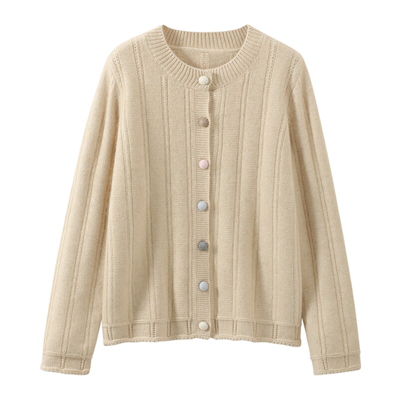 秋冬季35%羊绒65%羊毛休闲百搭时尚简约彩色扣开衫，女装羊绒衫，隆秋羊绒