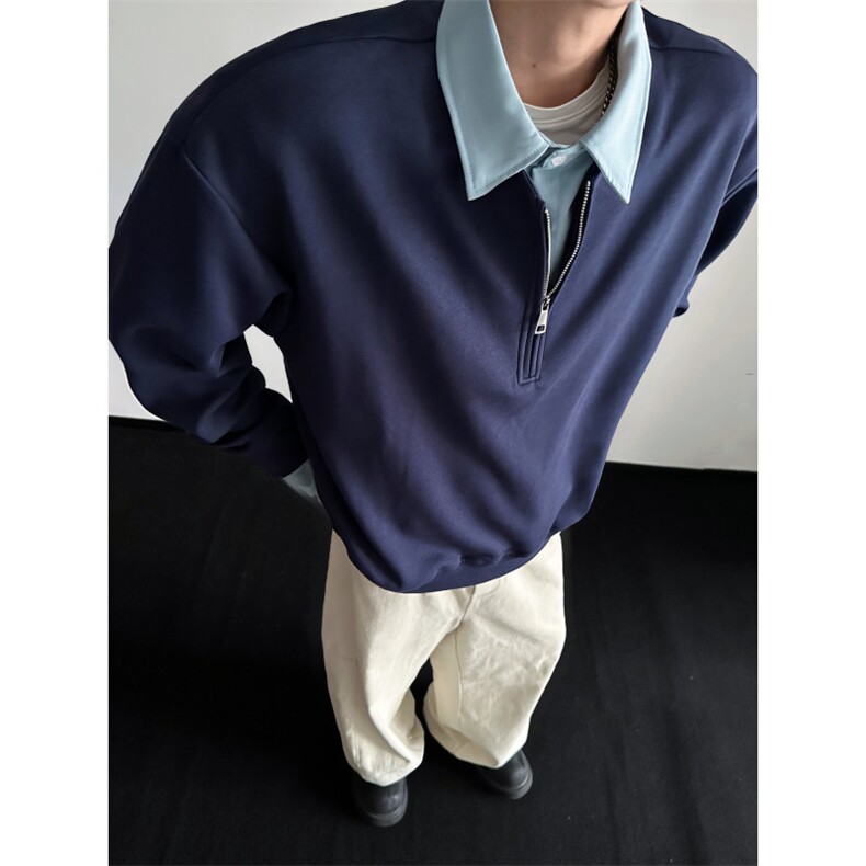 WY810-尺码M-3XL-P50-撞色衬衫领假两件cleanfit套头半拉链卫衣,男装衬衫,星座1811B