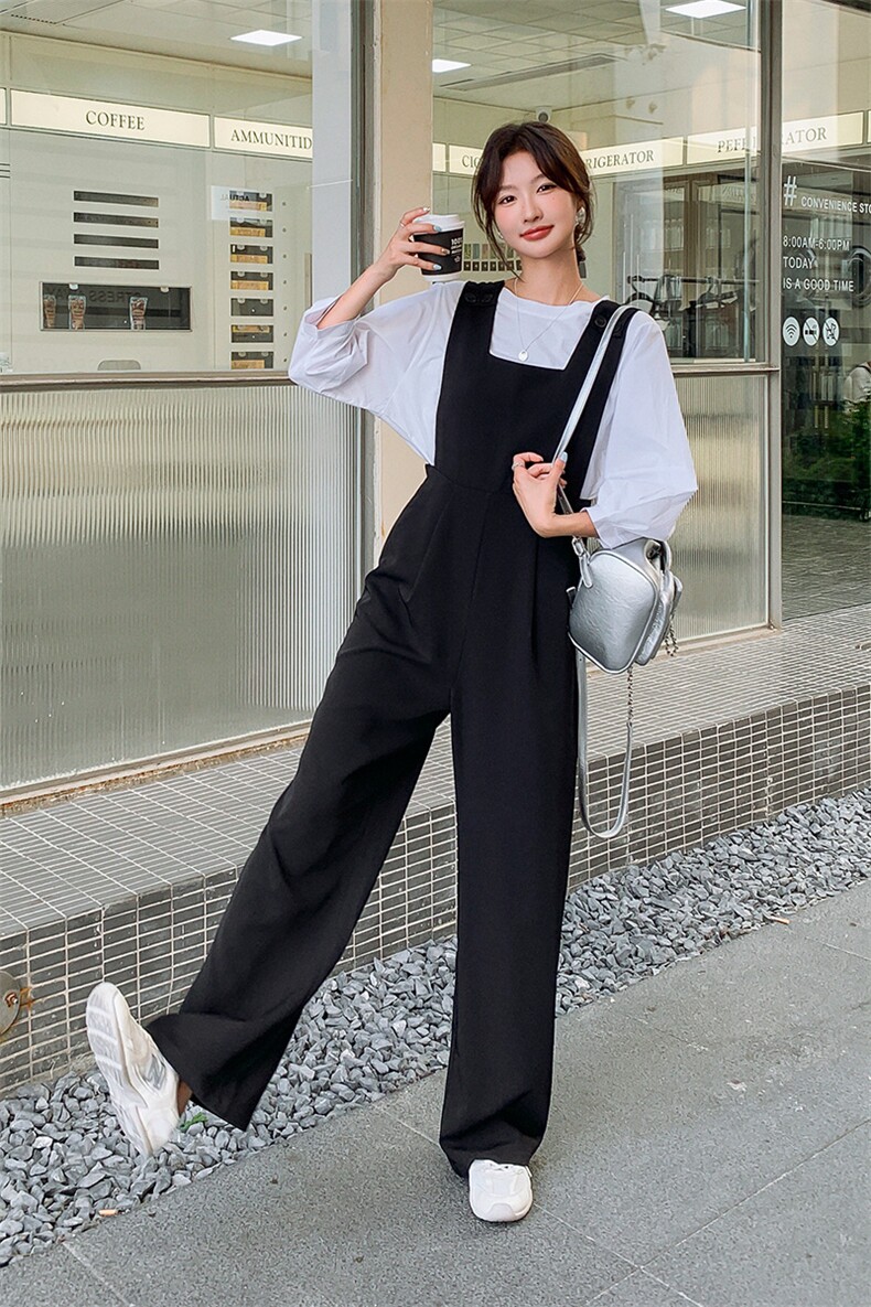 时尚黑色背带裤女2025夏季新款韩版宽松高腰显瘦阔腿直筒裤两件套,女装套装/套裙,2C169