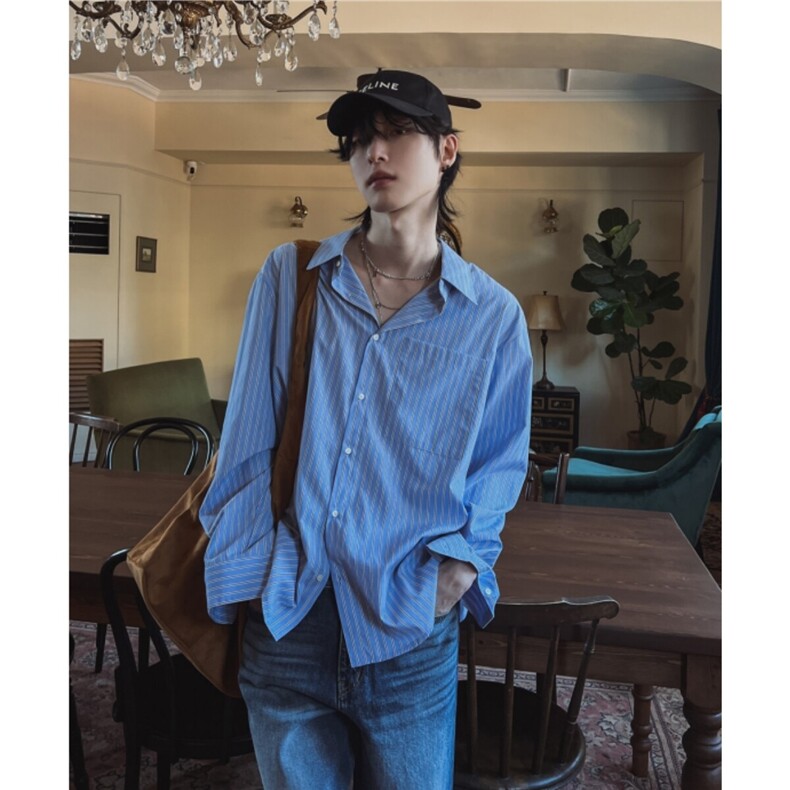 长袖衬衫男士春季韩版潮流宽松ins痞帅休闲条纹衬衣外套829P50，男装衬衫，星座710
