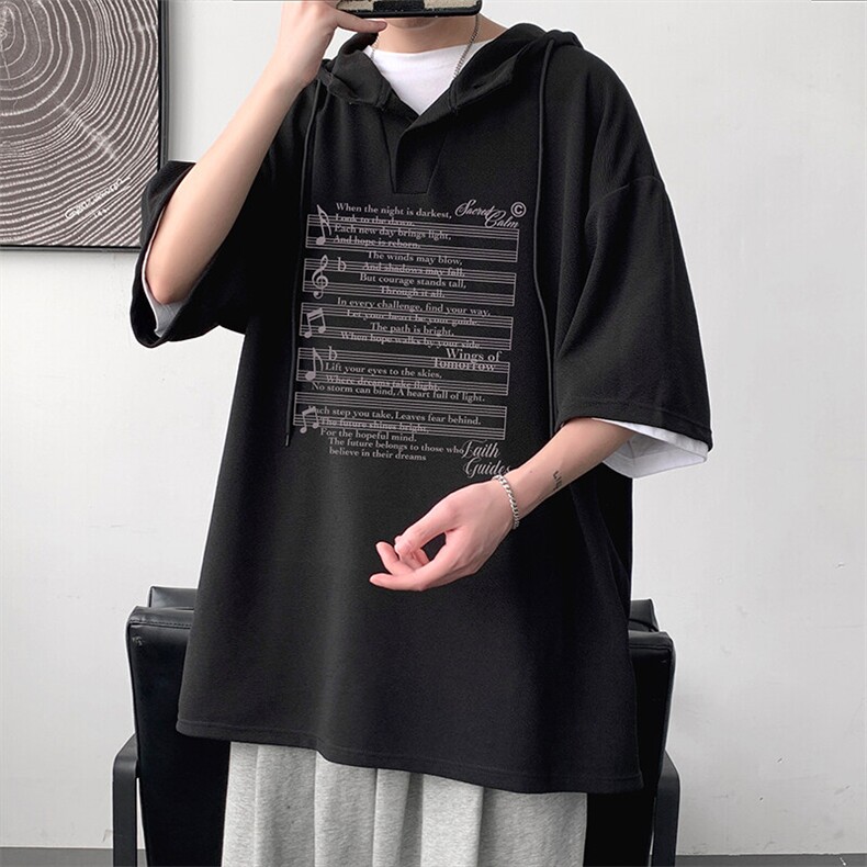 LD5428-P45连帽短袖t恤男大码胖子带帽五分袖中袖,男装T恤,电商A040