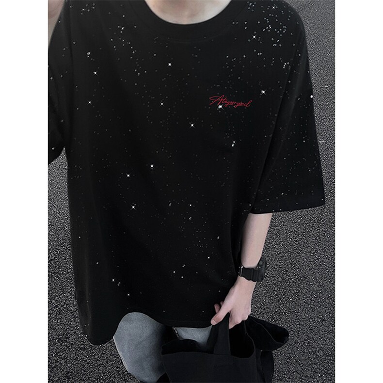 量大优供抖音视频支持得物配合二开美式满天星亮片短袖T恤MTX614,男装T恤,电商A486-1