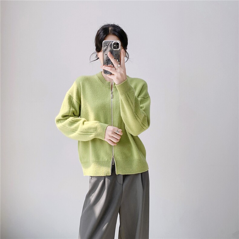 HE|轻奢简约系baby山羊绒针织开衫女圆领双拉链毛衣宽松外套,针织衫/毛衣,织纯羊绒