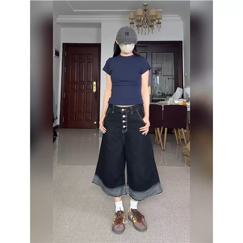 美式复古设计感毛边牛仔七分短裤女潮牌痞帅宽松阔腿直筒中裤图片