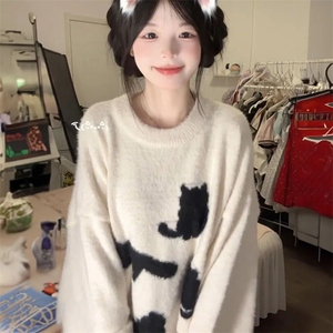MM112-P65韩版甜美可爱动物提花软圆领套头毛衣学生秋冬宽松针织