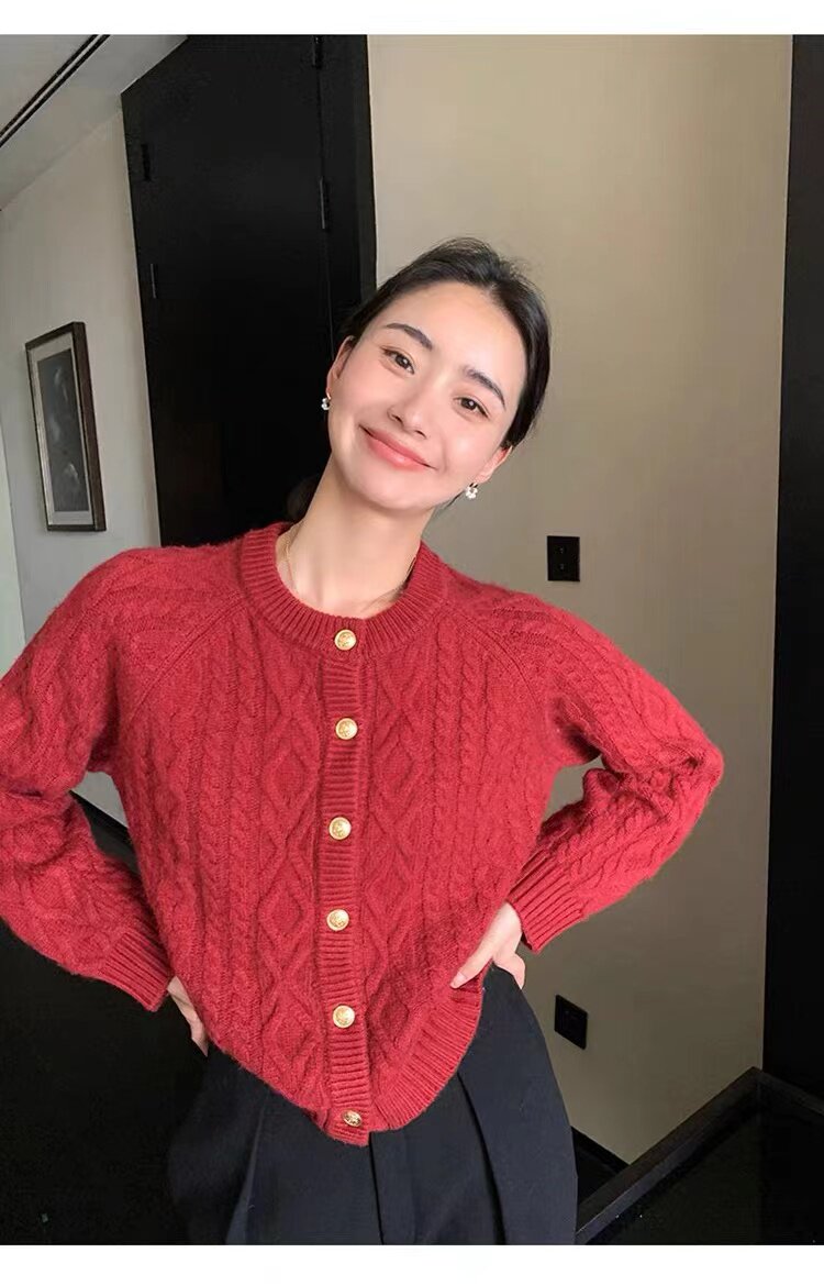 圆领单排扣长袖纯色2024年秋季时尚针织衫,女装羊毛衫,鑫之绒
