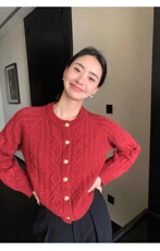 圆领单排扣长袖纯色2024年秋季时尚针织衫，女装羊毛衫，鑫之绒
