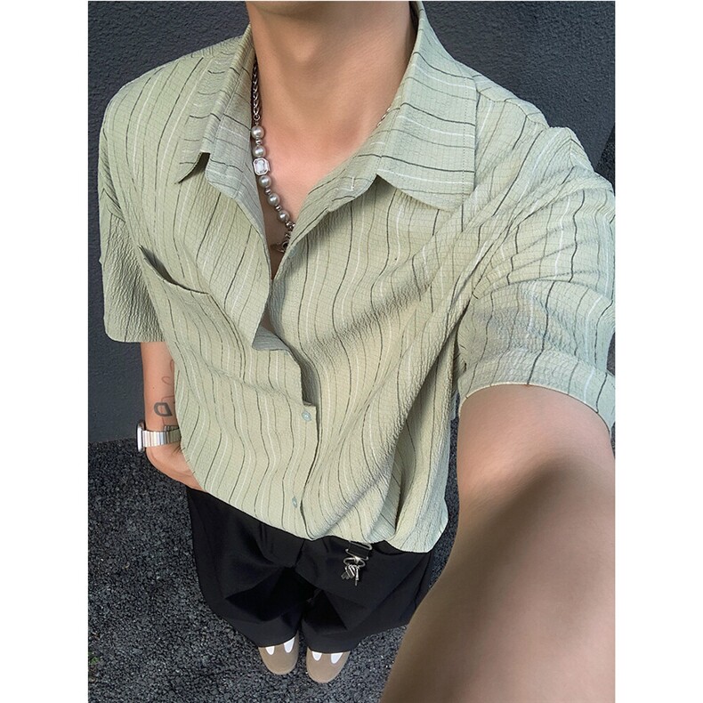 条纹肌理感夏季小众设计感衬衫短袖男士潮流美式潮流衬衣 P35图片