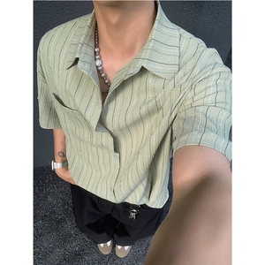条纹肌理感夏季小众设计感衬衫短袖男士潮流美式潮流衬衣 P35图片