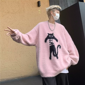 潮牌猫咪慵懒套头毛衣男2024秋冬宽松美式针织衫上衣 M03图片