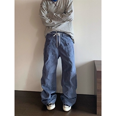 法工蓝双膝褶皱硬挺版型伞兵工装裤休闲裤子KZ1342特P59，男装工装外套，星座908-1