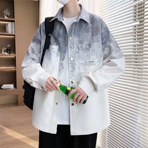 渐变色长袖衬衫外套男2025春季新款高级感牛仔夹克青少年休闲衬衣图片
