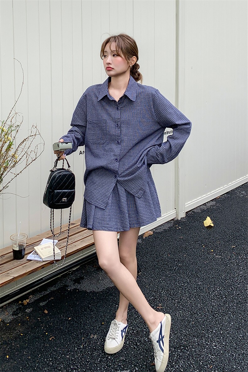 藏青色复古格纹衬衫套装裙女2025夏季新款韩系学院风半身裙两件套,女装套装/套裙,2C206