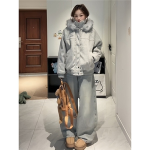 1506/QA5050/P86美式复古潮流毛领连帽棉衣男女图片