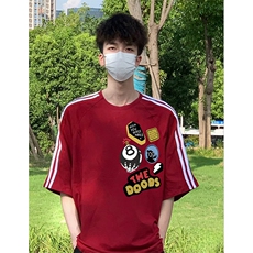 抖音得物高品质二开240克宽松纯棉美式潮牌三条杠织带短袖T恤，男装T恤，电商A486-1