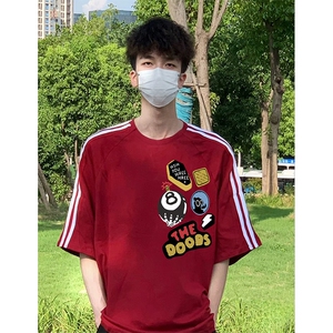 抖音得物高品质二开240克宽松纯棉美式潮牌三条杠织带短袖T恤图片
