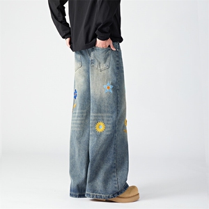 美式复古高街潮牌花朵刺绣牛仔裤男女休闲百搭潮流长裤图片